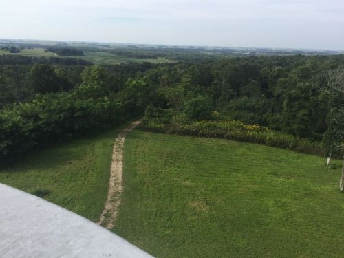 A scenic view from above showing a grassy path winding through lush greenery and rolling hills in the distance.