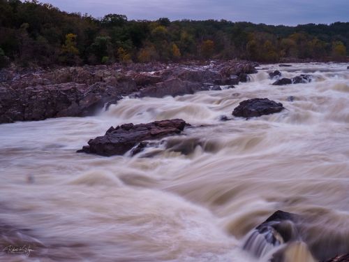 A flowing river with rocky outcrops, surrounded by trees, under a cloudy sky.