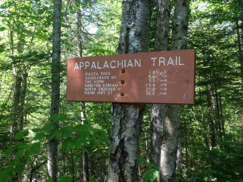 Signpost for the Appalachian Trail, listing distances to various landmarks, surrounded by trees.