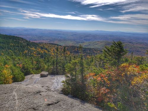 A scenic view from a rocky outcrop, showcasing a vibrant landscape of trees and rolling hills under a clear blue sky.
