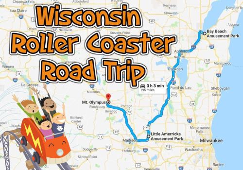 Map of a Wisconsin roller coaster road trip, highlighting routes to Mt. Olympus and Bay Beach Amusement Park.