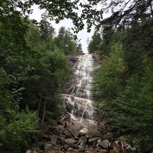 A cascading waterfall surrounded by lush green trees, with people exploring the rocky area below.