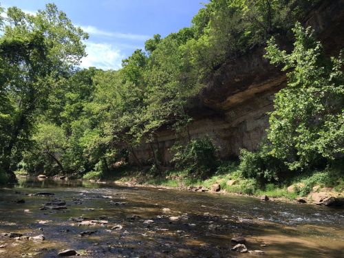 A serene river flows beside a rocky cliff, surrounded by lush green trees under a clear blue sky.