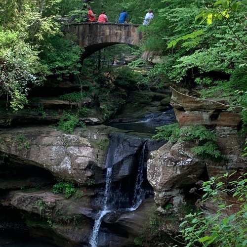 A scenic view of a waterfall surrounded by lush greenery, with a stone bridge and people walking above.