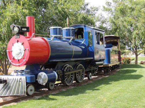 A colorful vintage steam locomotive parked on green grass, surrounded by trees.