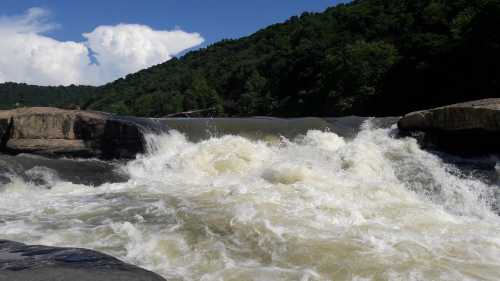 A rushing river flows over rocky terrain, surrounded by lush green hills and a bright blue sky with fluffy clouds.