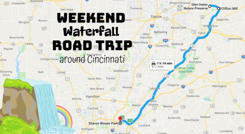 Map showing a weekend waterfall road trip route around Cincinnati, featuring a waterfall illustration and colorful text.