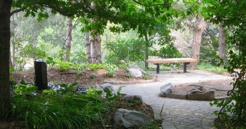 A serene garden path winding through lush greenery, leading to a wooden bench surrounded by trees and plants.