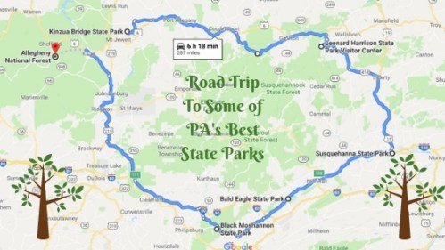 Map outlining a road trip route to Pennsylvania's best state parks, featuring trees and park names.