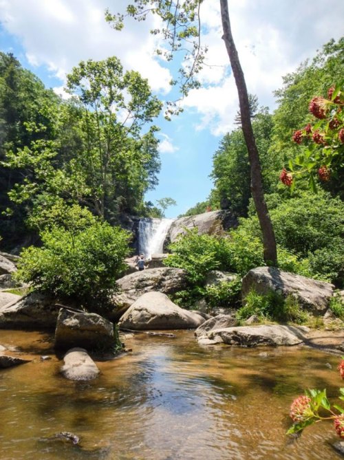 A serene waterfall surrounded by lush greenery and rocky terrain, with a clear blue sky above.