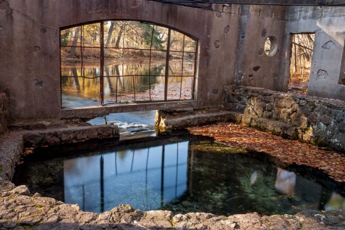 Abandoned structure with large windows overlooking a serene pond, surrounded by autumn leaves and trees.