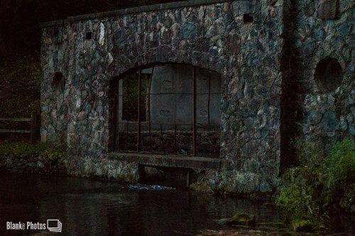 A stone structure with an arched opening, partially submerged in water, surrounded by greenery in low light.