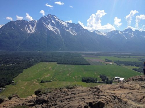 A panoramic view of lush green fields and mountains under a bright blue sky with scattered clouds.
