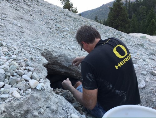 A person in a black shirt examines a rocky hole in a mountainous area, surrounded by trees and gravel.