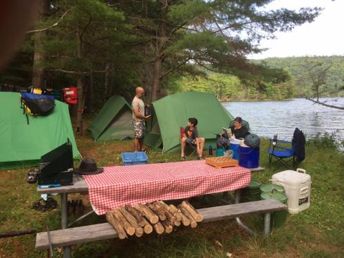 Three people at a campsite by a lake, with green tents, a picnic table, and logs stacked nearby.