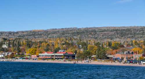 A scenic view of a beach with colorful autumn trees and buildings along the shore under a clear blue sky.