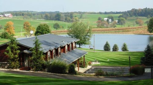 A scenic view of a rustic house by a pond, surrounded by green fields and trees under a clear sky.