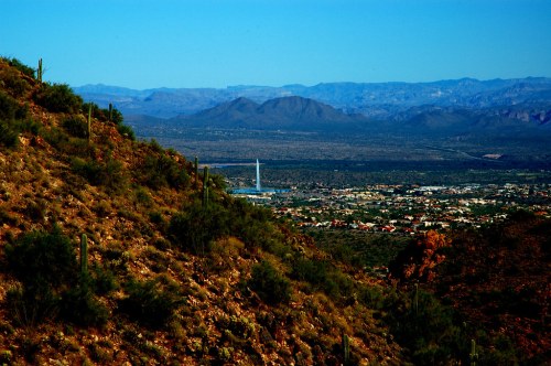 A scenic view of a desert landscape with mountains, cacti, and a distant city under a clear blue sky.