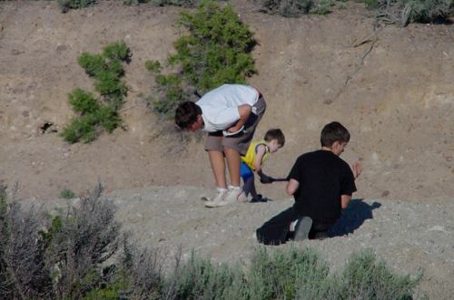 Two children and an adult are exploring a rocky area, bending down to examine the ground amidst sparse vegetation.