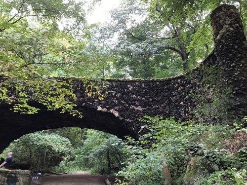 A stone bridge arching over a path, surrounded by lush green trees and foliage in a serene forest setting.