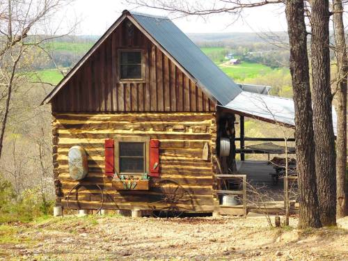 A rustic wooden cabin with a metal roof, surrounded by trees and a scenic landscape in the background.