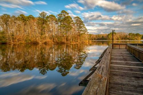 A serene lake scene with a wooden dock, surrounded by trees and reflecting clouds in the calm water.