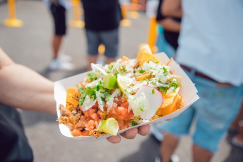A hand holding a tray of nachos topped with meat, diced tomatoes, onions, cilantro, lime, and radishes.