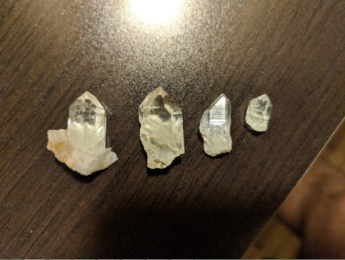 Four clear quartz crystals of varying sizes arranged on a wooden surface, reflecting light.