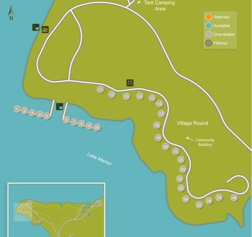 Map of a camping area near Lake Marion, showing tent sites, a village round, and a community building.