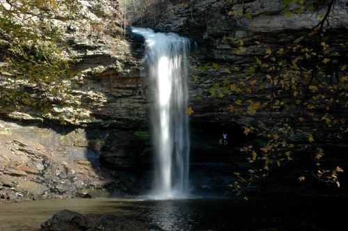 A serene waterfall cascades over rocky cliffs into a calm pool, surrounded by autumn foliage.