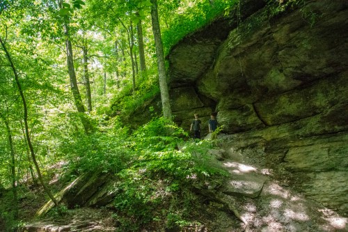 Two hikers stand near a rocky outcrop surrounded by lush green trees in a forested area.
