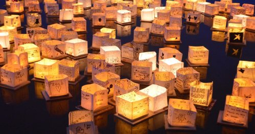 A serene display of glowing lanterns with handwritten messages, floating on water at night.