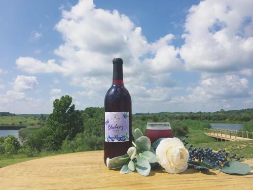A bottle of blueberry wine with a glass, a white rose, and greenery, set against a scenic landscape and blue sky.
