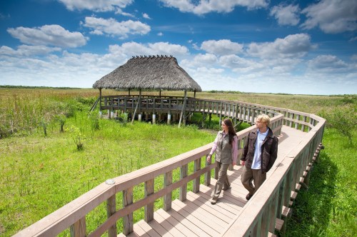 A couple walks hand-in-hand on a wooden boardwalk through a lush green landscape with a thatched-roof gazebo.