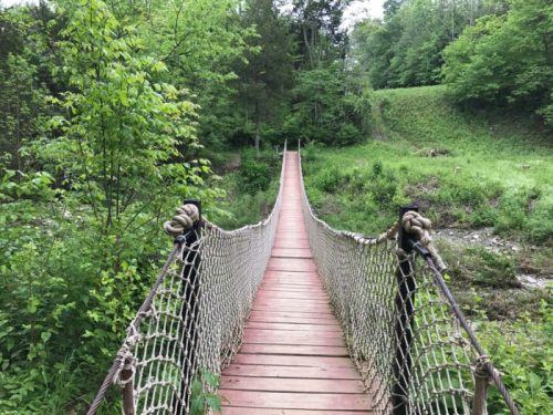 A wooden suspension bridge stretches over a lush green landscape, surrounded by trees and foliage.
