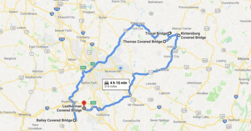 Map showing a route of 216 miles and 4 hours 15 minutes, highlighting several covered bridges in Pennsylvania.
