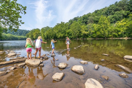 Children play by a river, stepping on rocks with lush greenery and trees in the background under a blue sky.