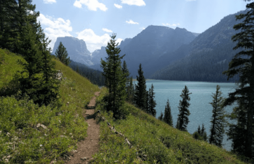 A scenic trail along a lake, surrounded by mountains and lush greenery under a bright blue sky.