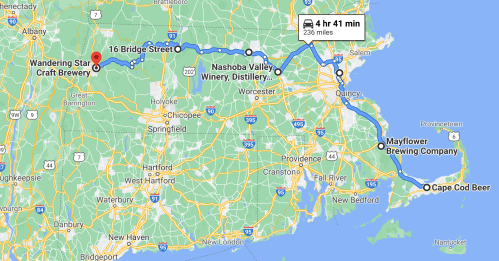 Map showing a route from Cape Cod Beer to Wandering Star Craft Brewery, highlighting a 4-hour, 41-minute drive.
