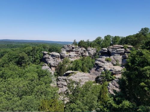 A scenic view of rocky formations surrounded by lush green trees under a clear blue sky.
