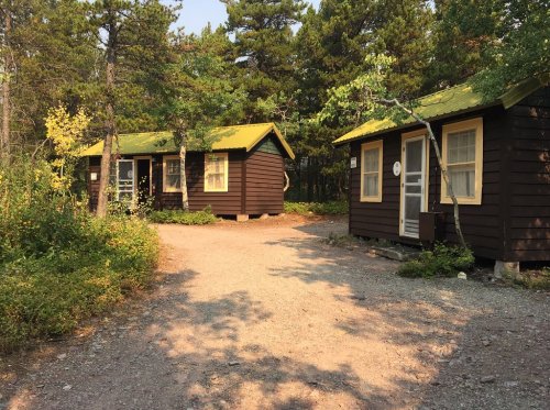 Two rustic cabins with green roofs surrounded by trees and gravel paths in a natural setting.