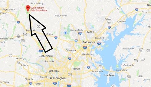 Map showing Cunningham Falls State Park in Maryland, with an arrow pointing to its location near Baltimore and Washington, D.C.