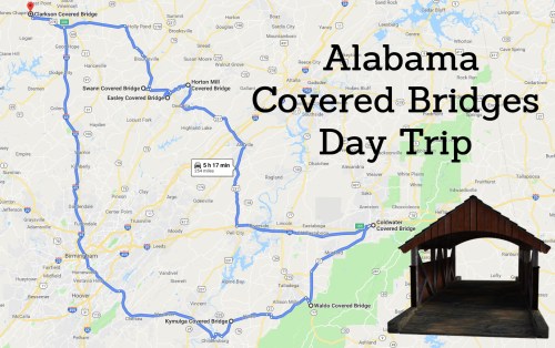 Map showing a route for an Alabama Covered Bridges day trip, featuring several covered bridge locations.