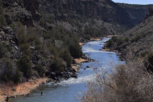 A winding river flows through a rocky canyon, surrounded by trees and shrubs under a clear blue sky.