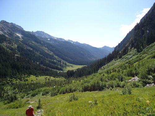 A scenic mountain valley with lush greenery, tall trees, and distant peaks under a clear blue sky.