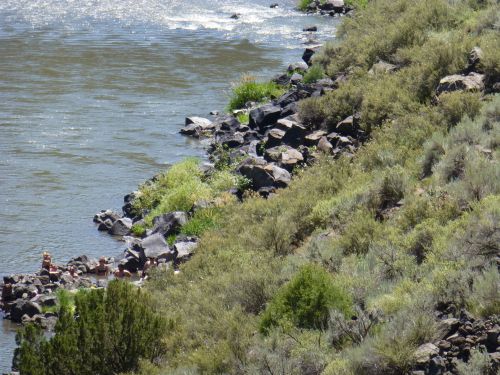 A riverbank with rocky shore and lush greenery, where a few people are enjoying the water on a sunny day.