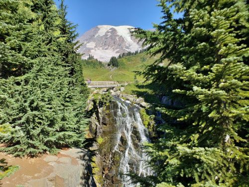 A scenic view of a waterfall surrounded by trees, with a mountain in the background under a clear blue sky.