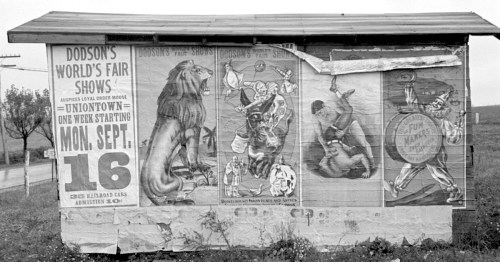 Black and white image of a weathered poster board featuring circus advertisements, including lions and acrobats.