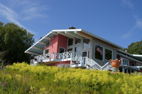A colorful house with large windows and a porch, surrounded by yellow flowers and greenery under a blue sky.