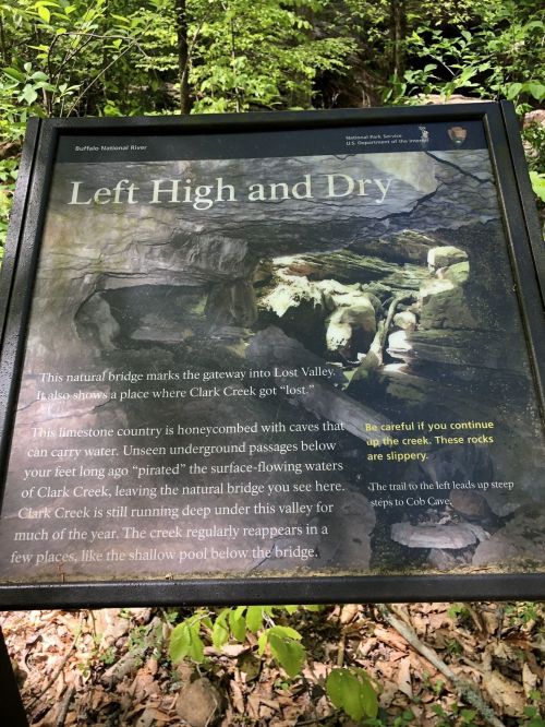 Sign about a natural bridge in Lost Valley, highlighting caves and the creek below, with a warning about slippery rocks.